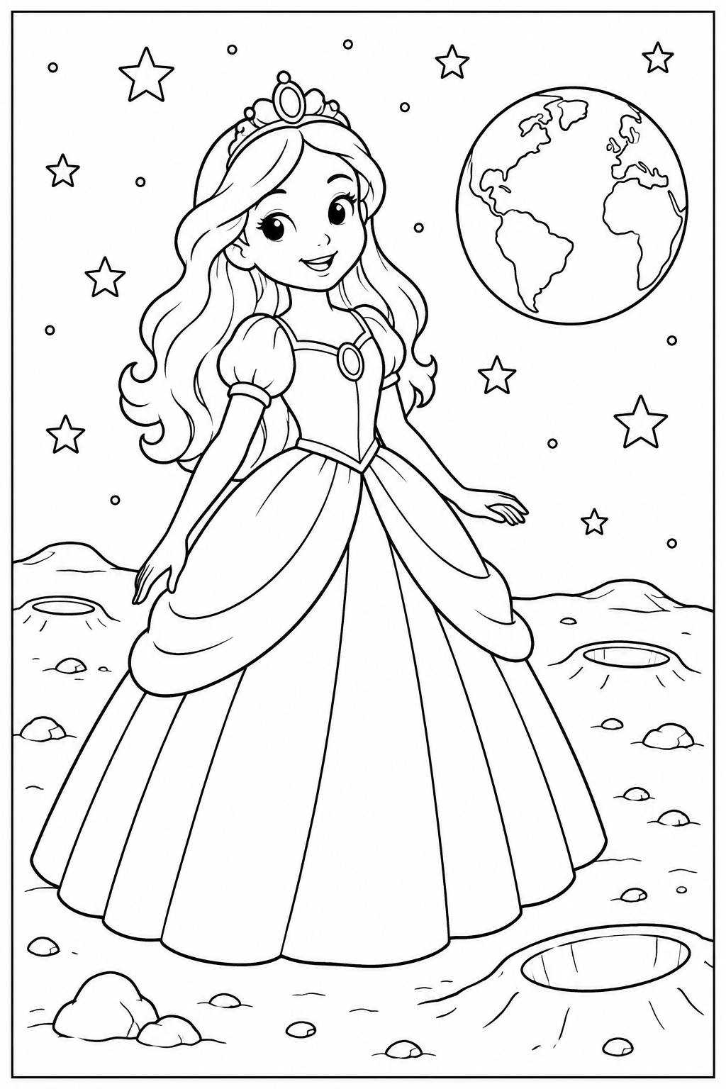 Prinses — Op de maan — zwart-wit kleurplaat