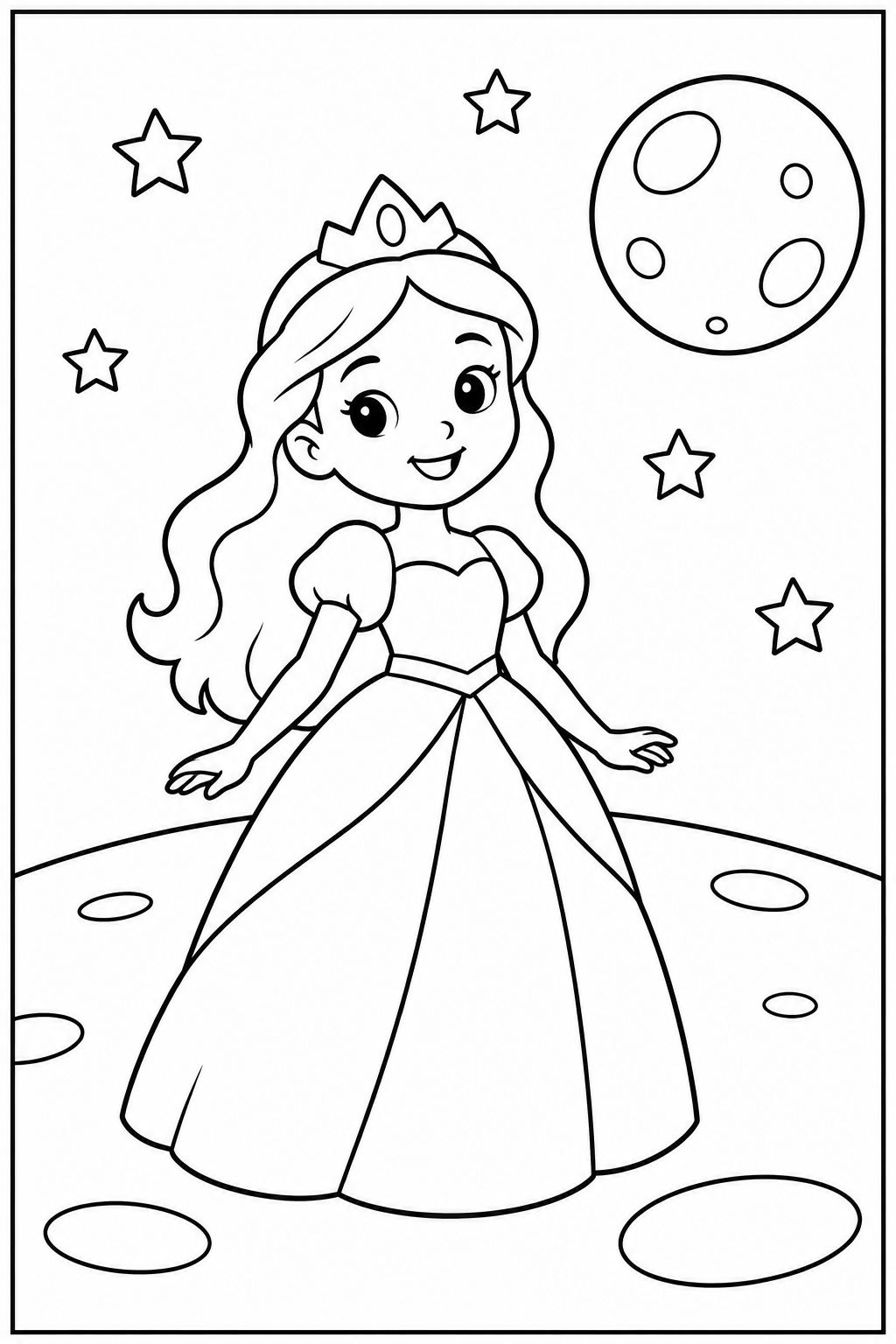 Prinses — Op de maan — zwart-wit kleurplaat