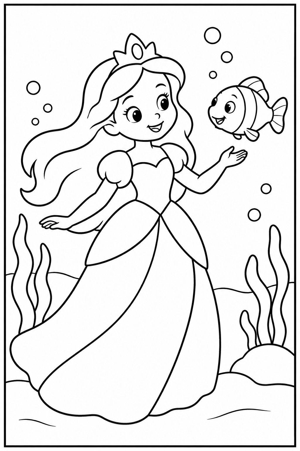 Prinses — Onder water — zwart-wit kleurplaat