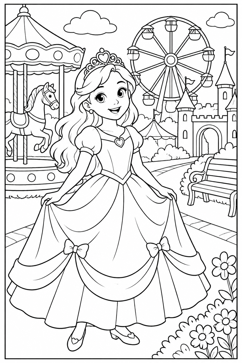 Prinses — In het pretpark — zwart-wit kleurplaat