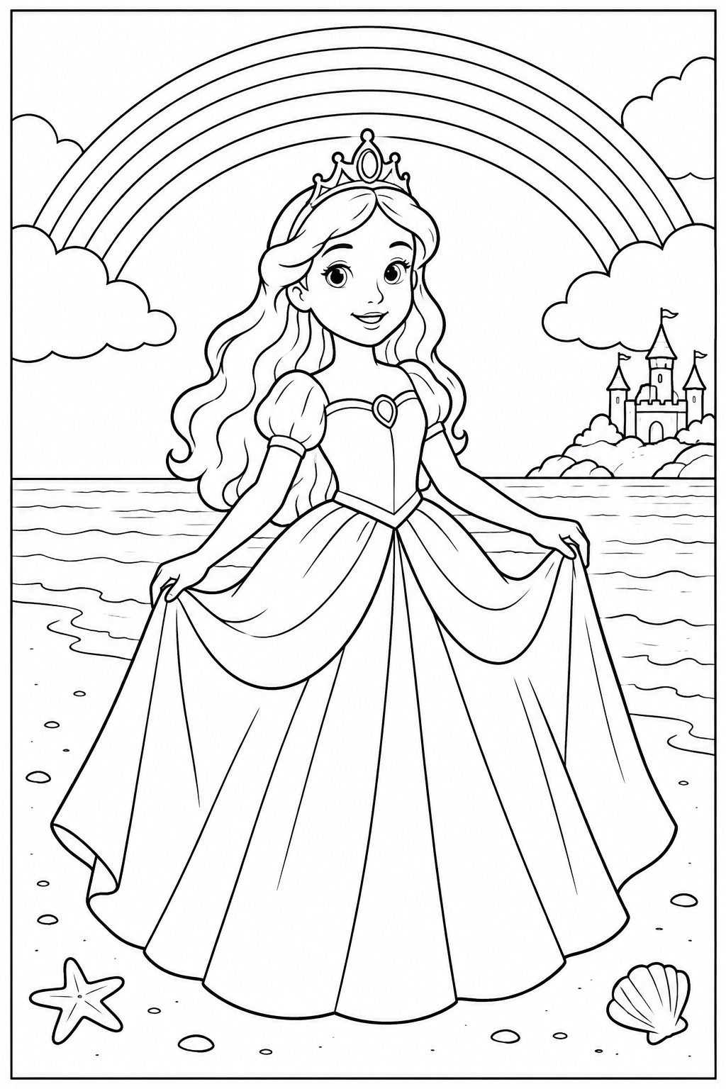 Prinses — Bij de regenboog — zwart-wit kleurplaat