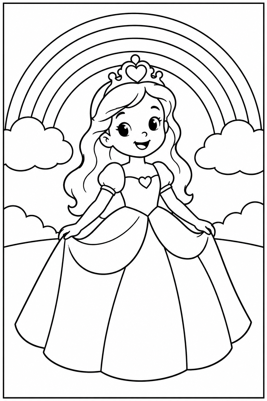 Prinses — Bij de regenboog — zwart-wit kleurplaat