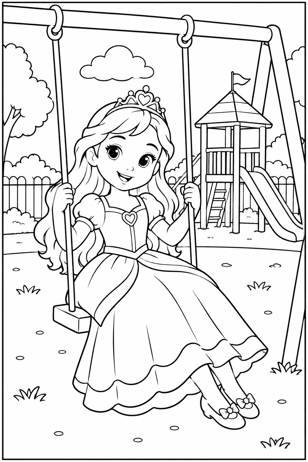 Prinses — In de speeltuin — zwart-wit kleurplaat