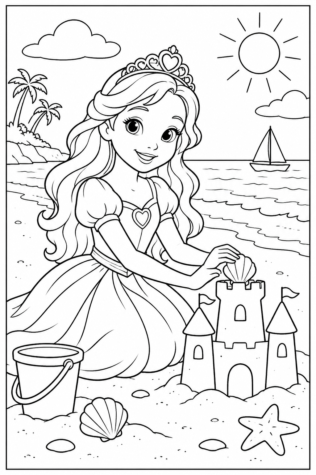 Prinses — Op het strand — zwart-wit kleurplaat