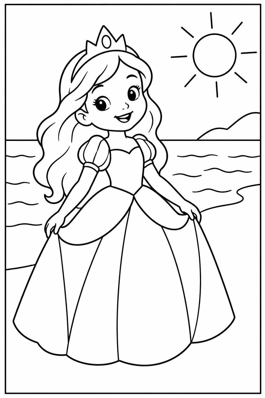 Prinses — Op het strand — zwart-wit kleurplaat