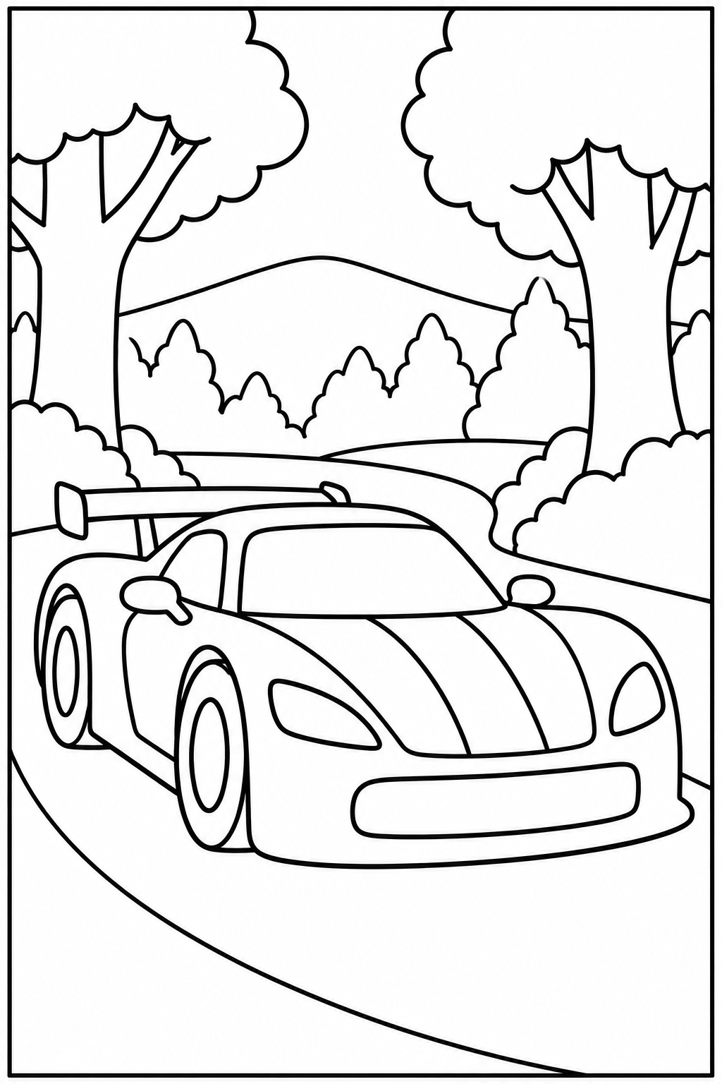 Raceauto — In het bos — zwart-wit kleurplaat