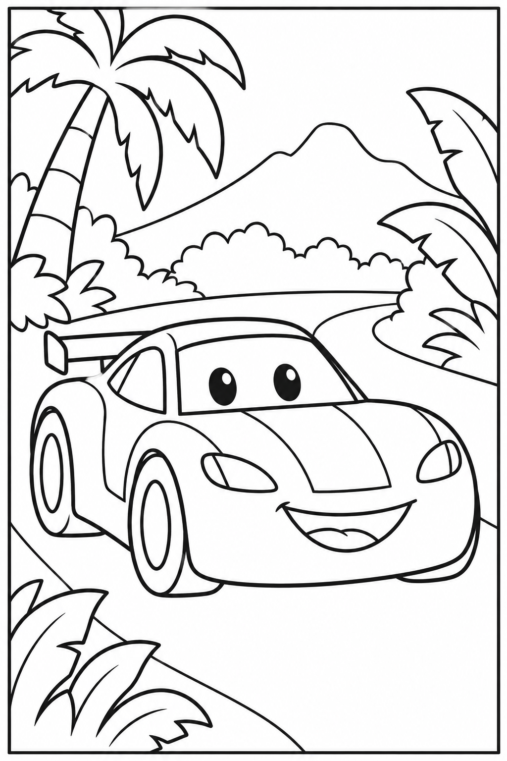 Raceauto — In de jungle — zwart-wit kleurplaat