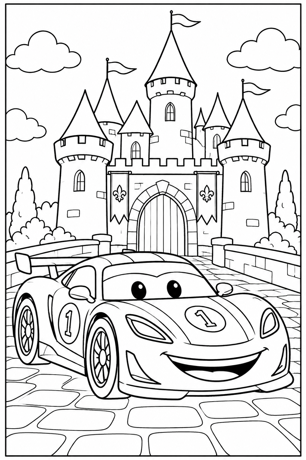 Raceauto — Bij een kasteel — zwart-wit kleurplaat