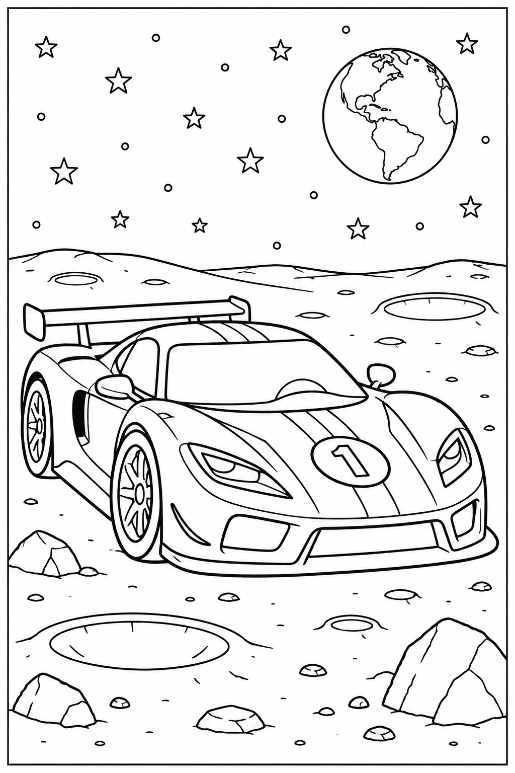 Raceauto — Op de maan — zwart-wit kleurplaat