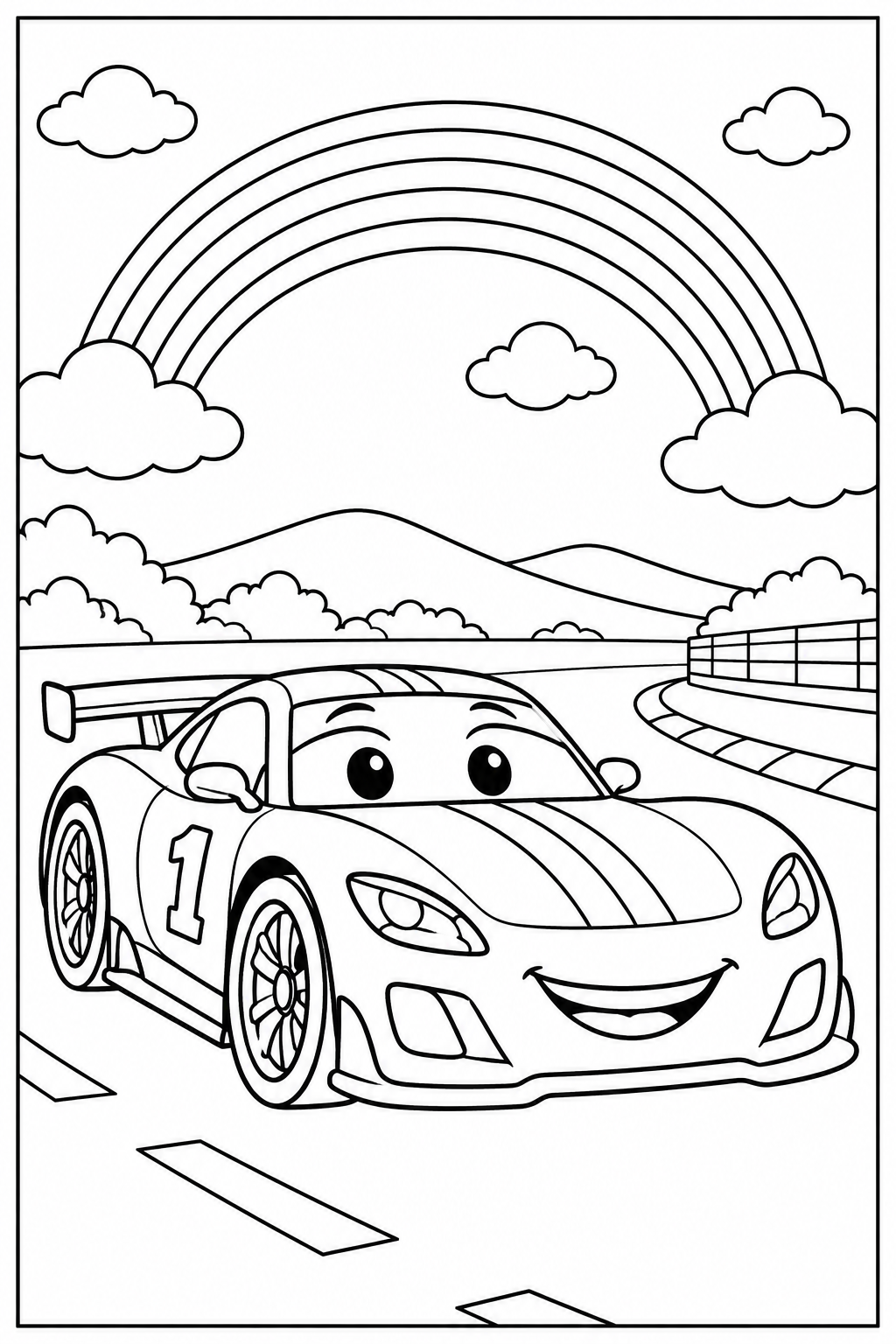 Raceauto — Bij de regenboog — zwart-wit kleurplaat
