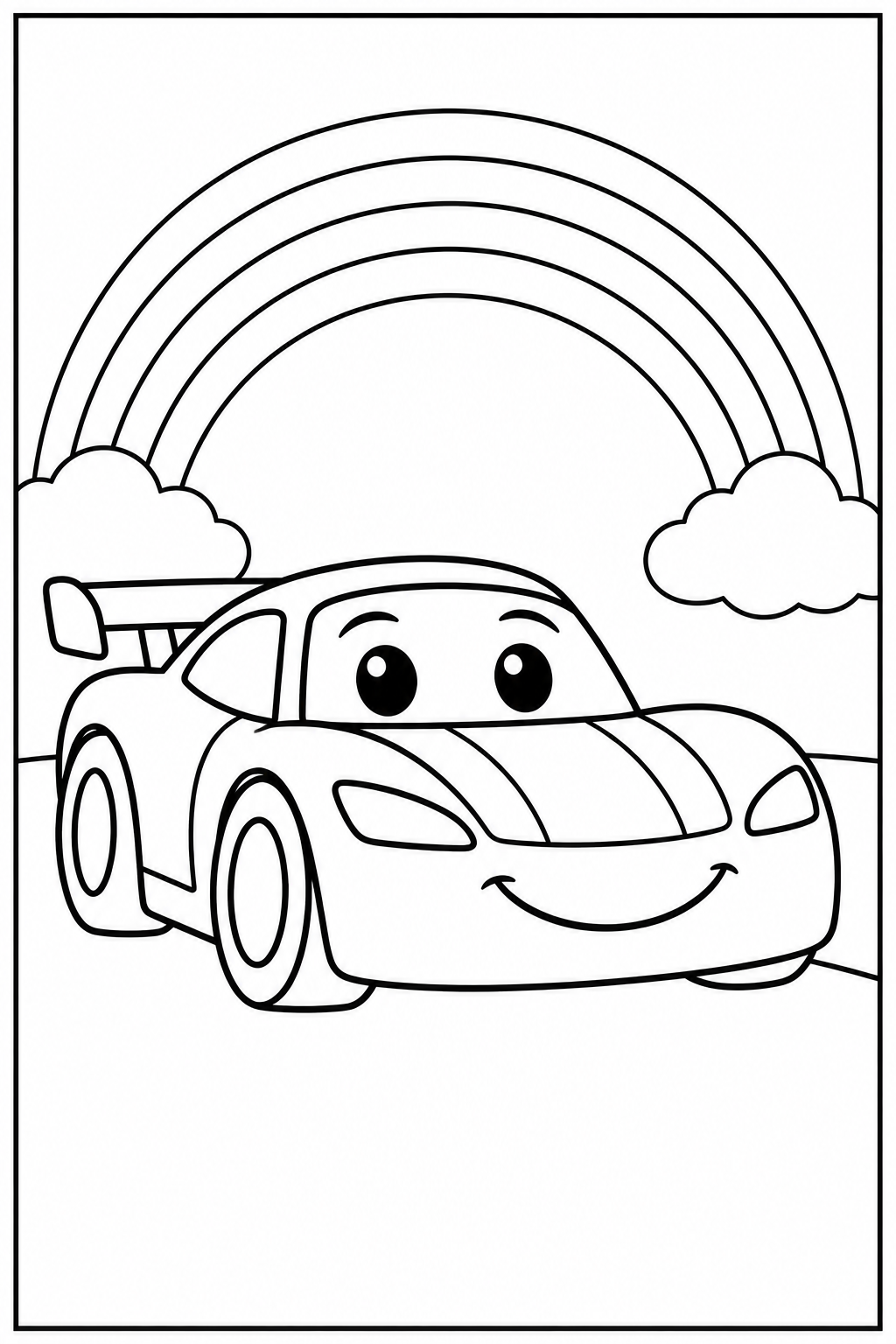 Raceauto — Bij de regenboog — zwart-wit kleurplaat