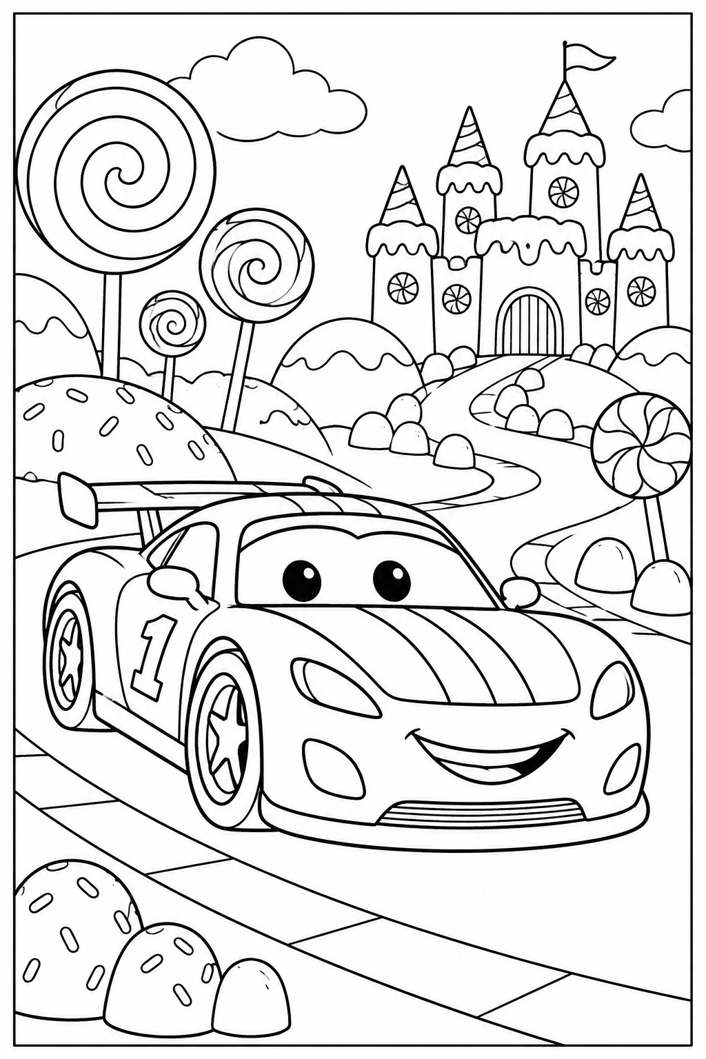 Raceauto — Snoepjesland — zwart-wit kleurplaat