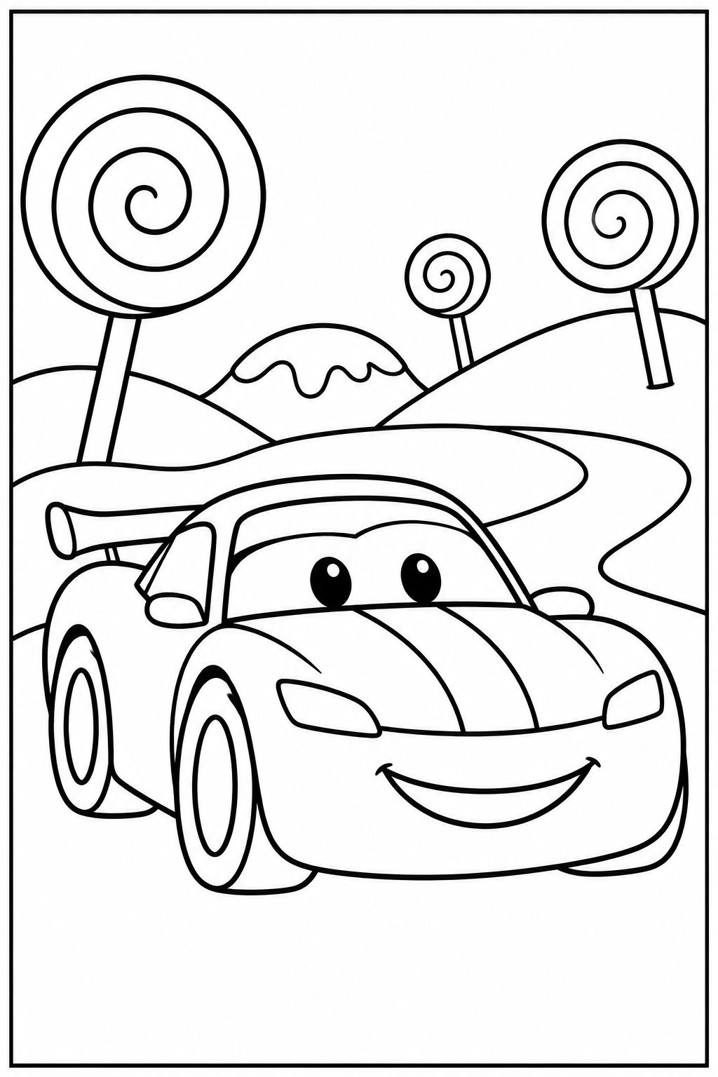 Raceauto — Snoepjesland — zwart-wit kleurplaat