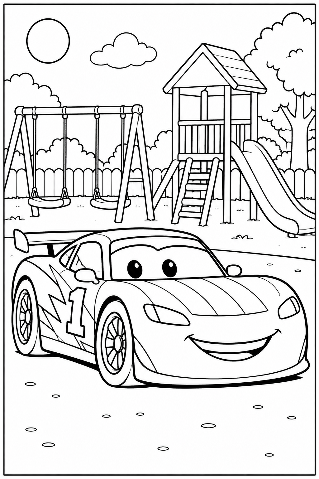 Raceauto — In de speeltuin — zwart-wit kleurplaat