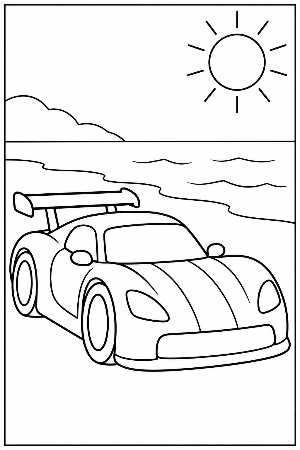 Raceauto — Op het strand — zwart-wit kleurplaat