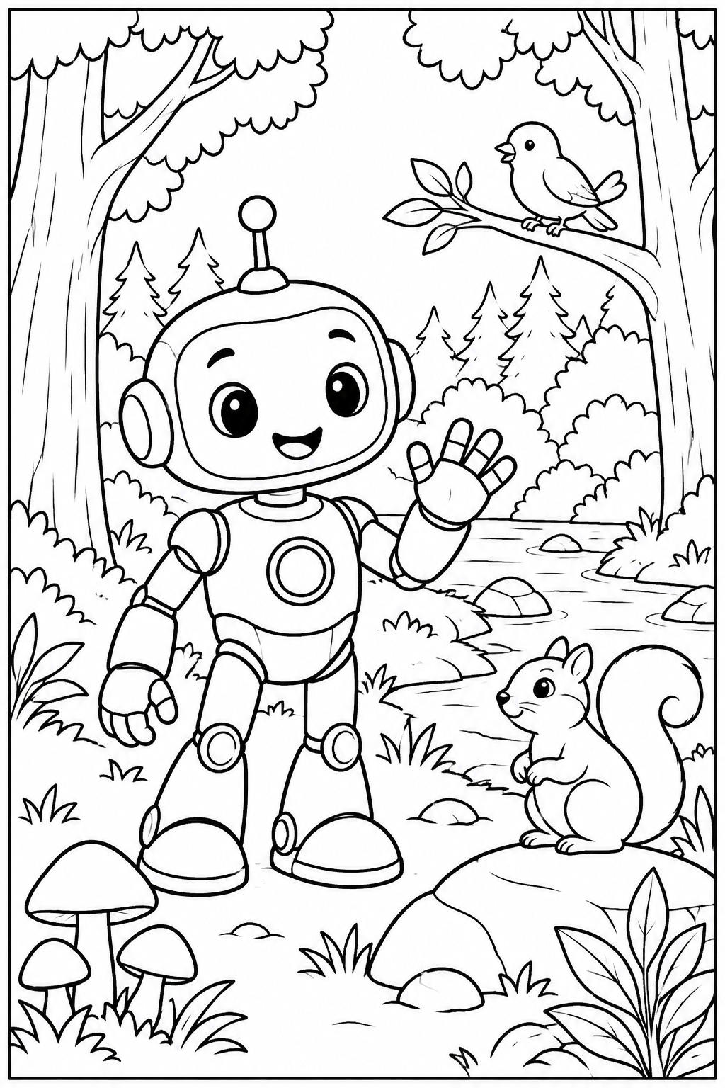 Robot — In het bos — zwart-wit kleurplaat