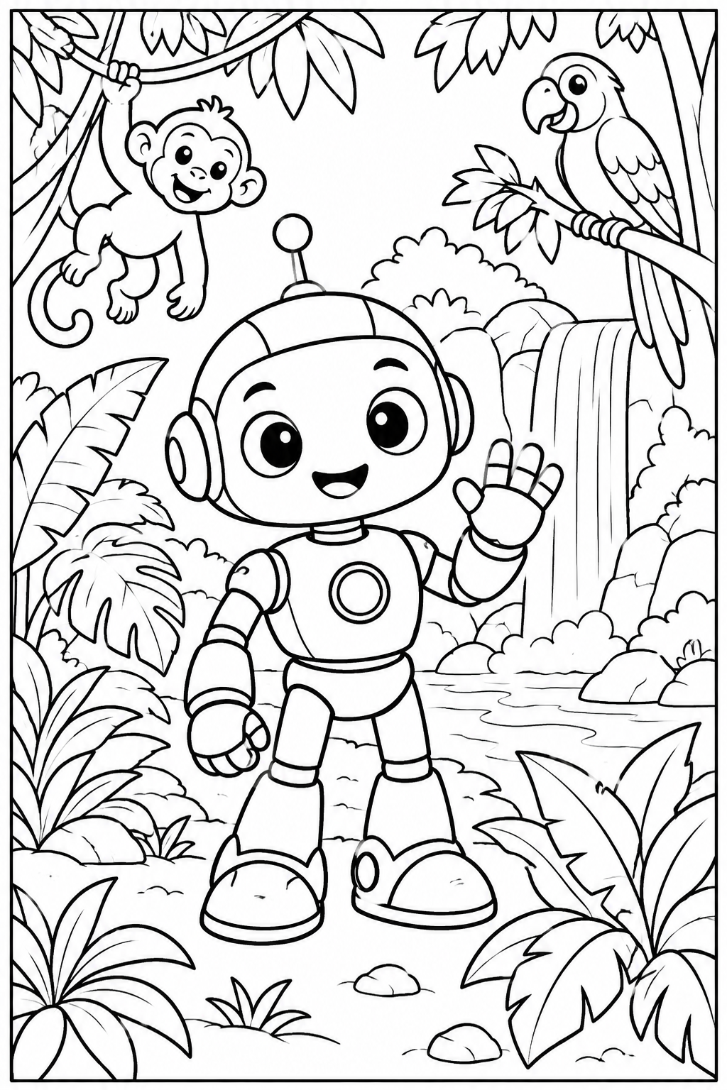 Robot — In de jungle — zwart-wit kleurplaat