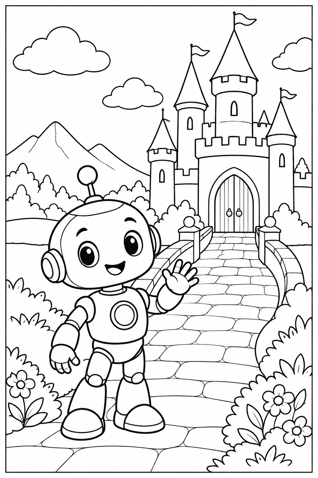 Robot — Bij een kasteel — zwart-wit kleurplaat