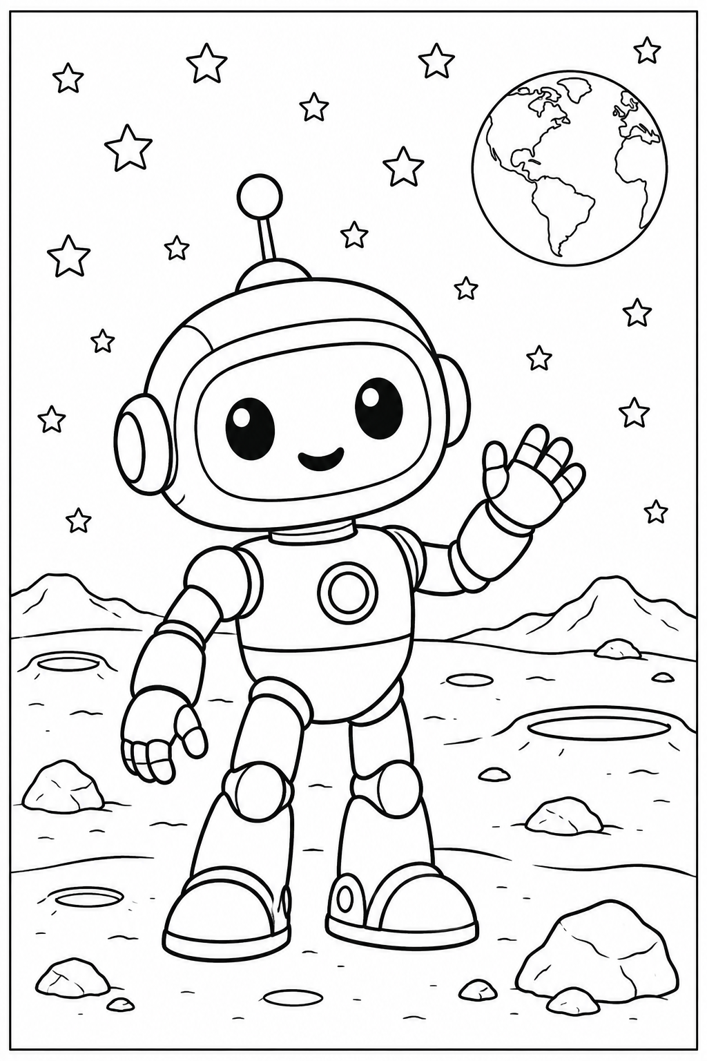 Robot — Op de maan — zwart-wit kleurplaat