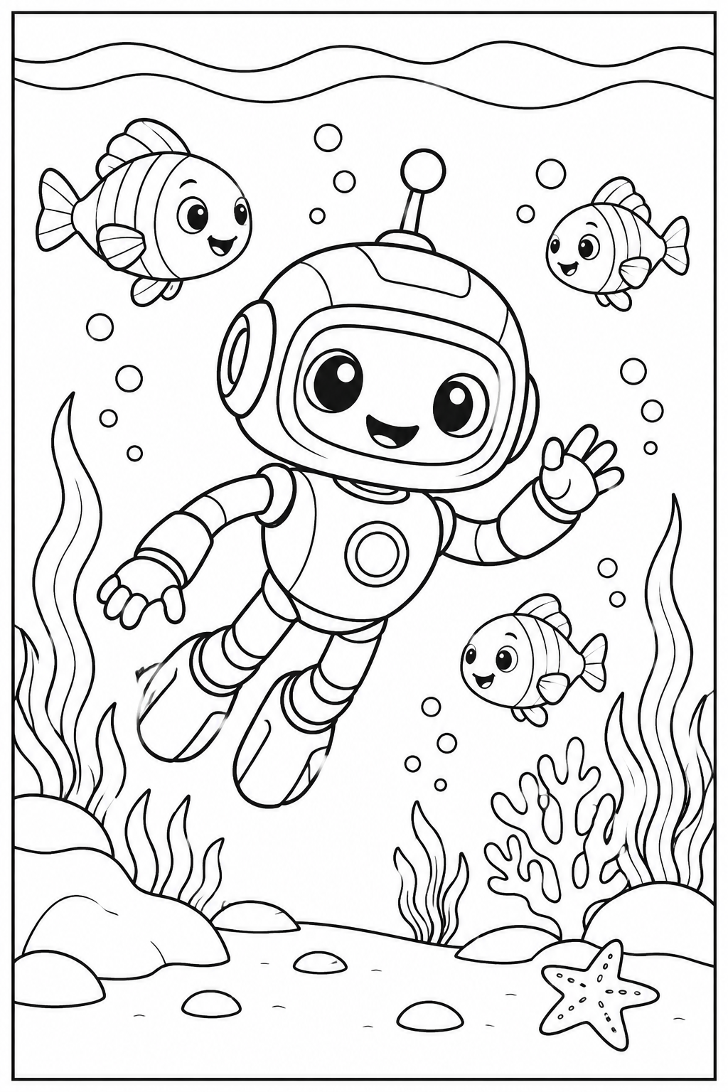 Robot — Onder water — zwart-wit kleurplaat