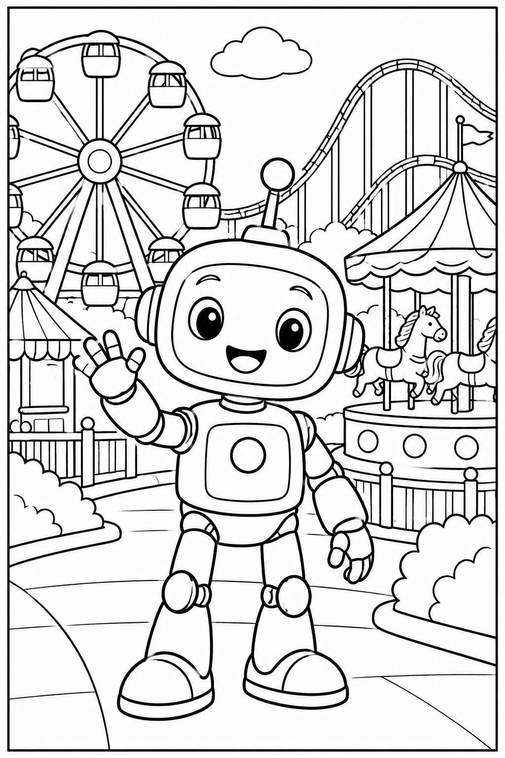 Robot — In het pretpark — zwart-wit kleurplaat