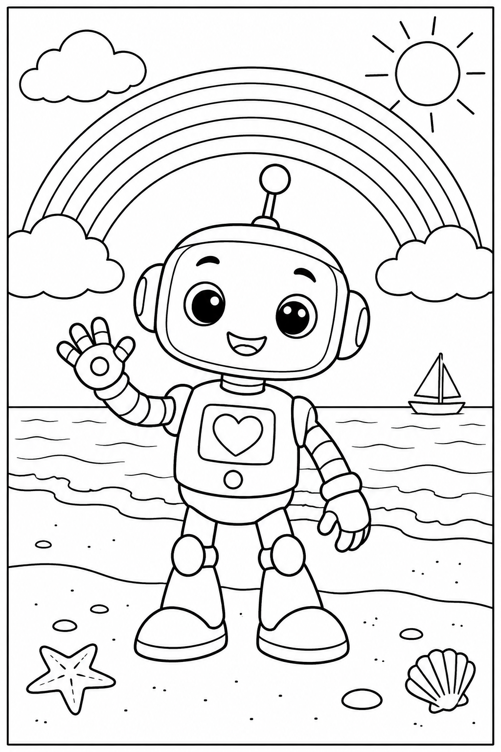 Robot — Bij de regenboog — zwart-wit kleurplaat
