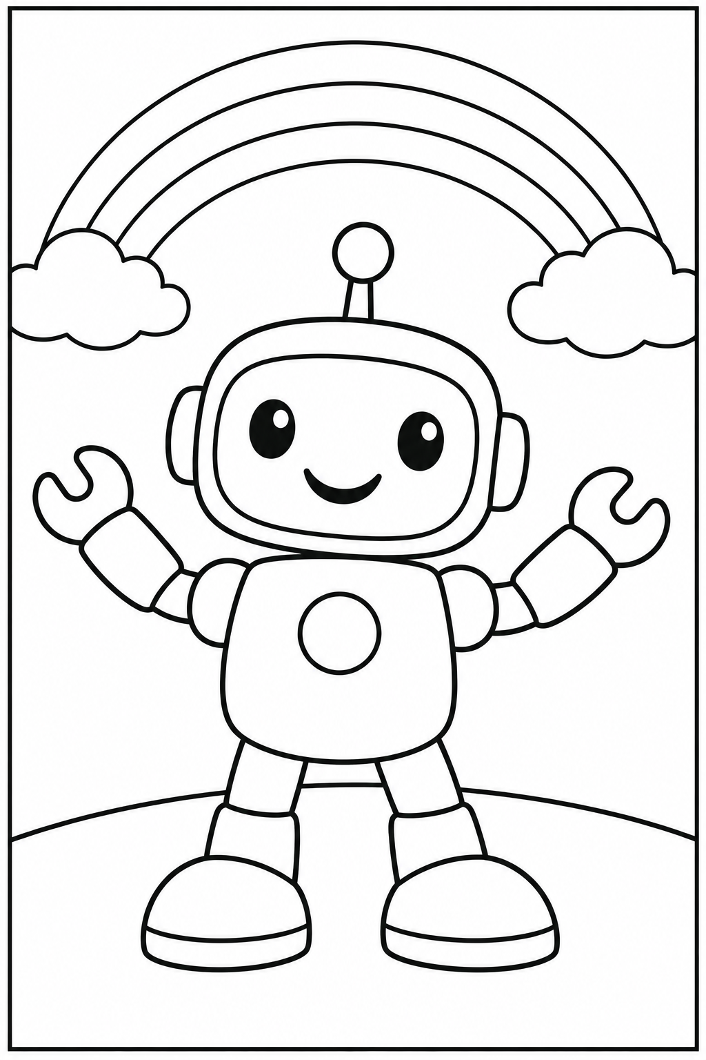 Robot — Bij de regenboog — zwart-wit kleurplaat