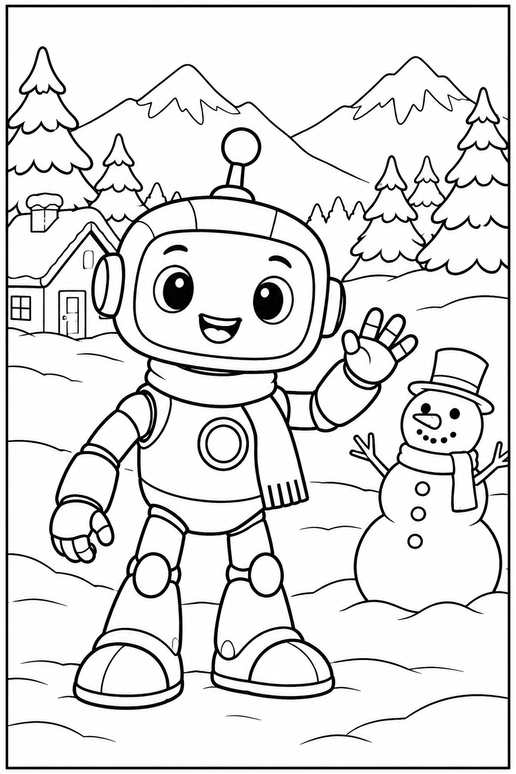 Robot — In de sneeuw — zwart-wit kleurplaat