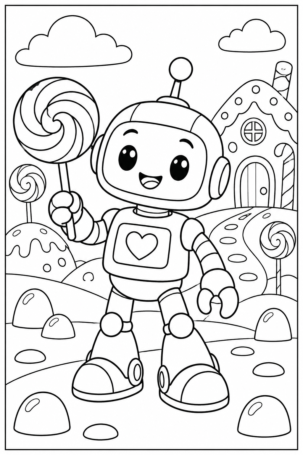 Robot — Snoepjesland — zwart-wit kleurplaat