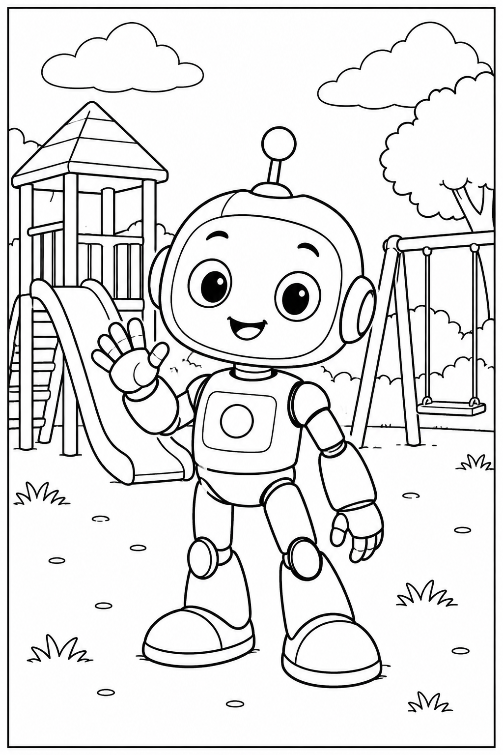 Robot — In de speeltuin — zwart-wit kleurplaat