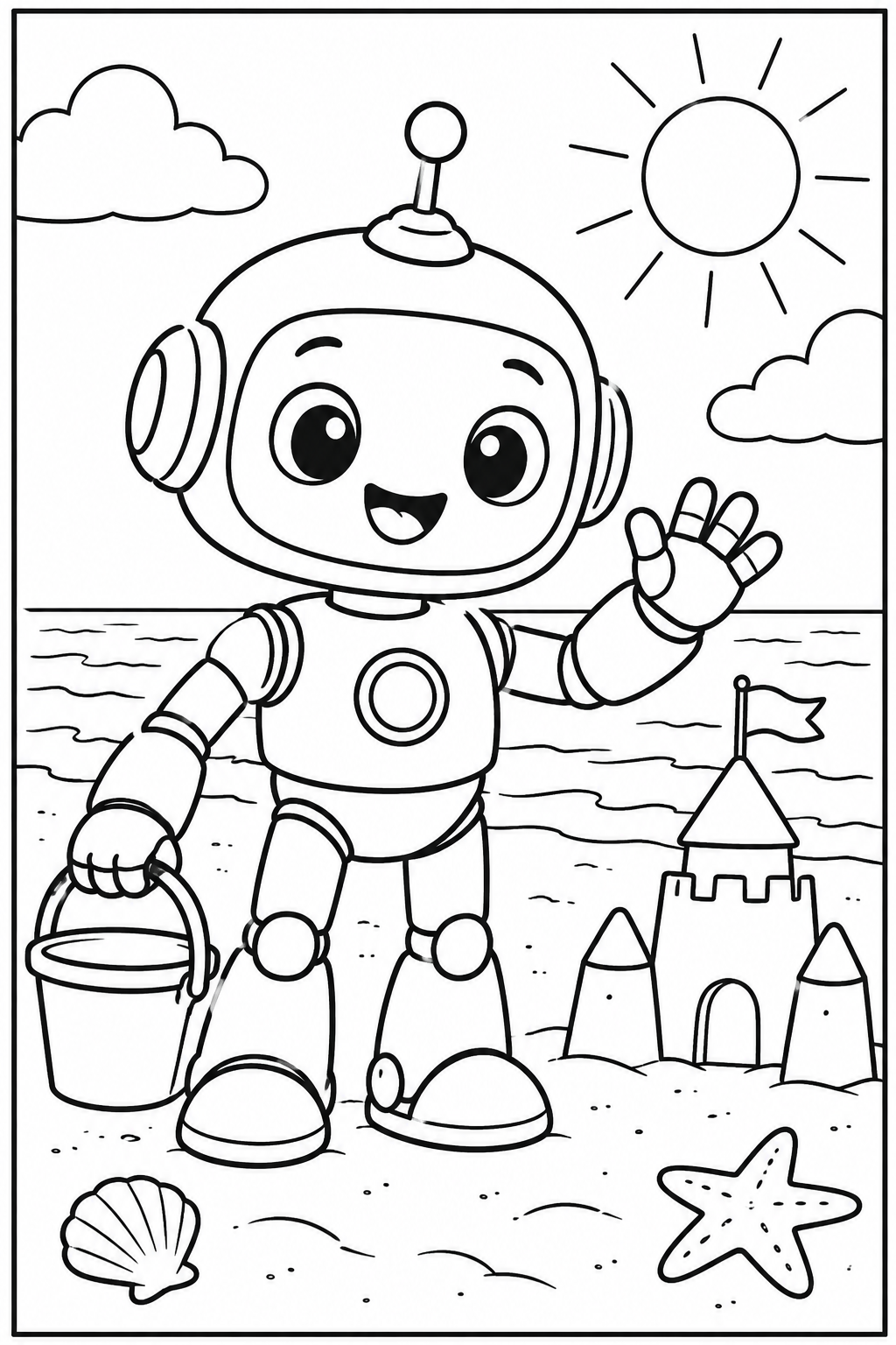 Robot — Op het strand — zwart-wit kleurplaat