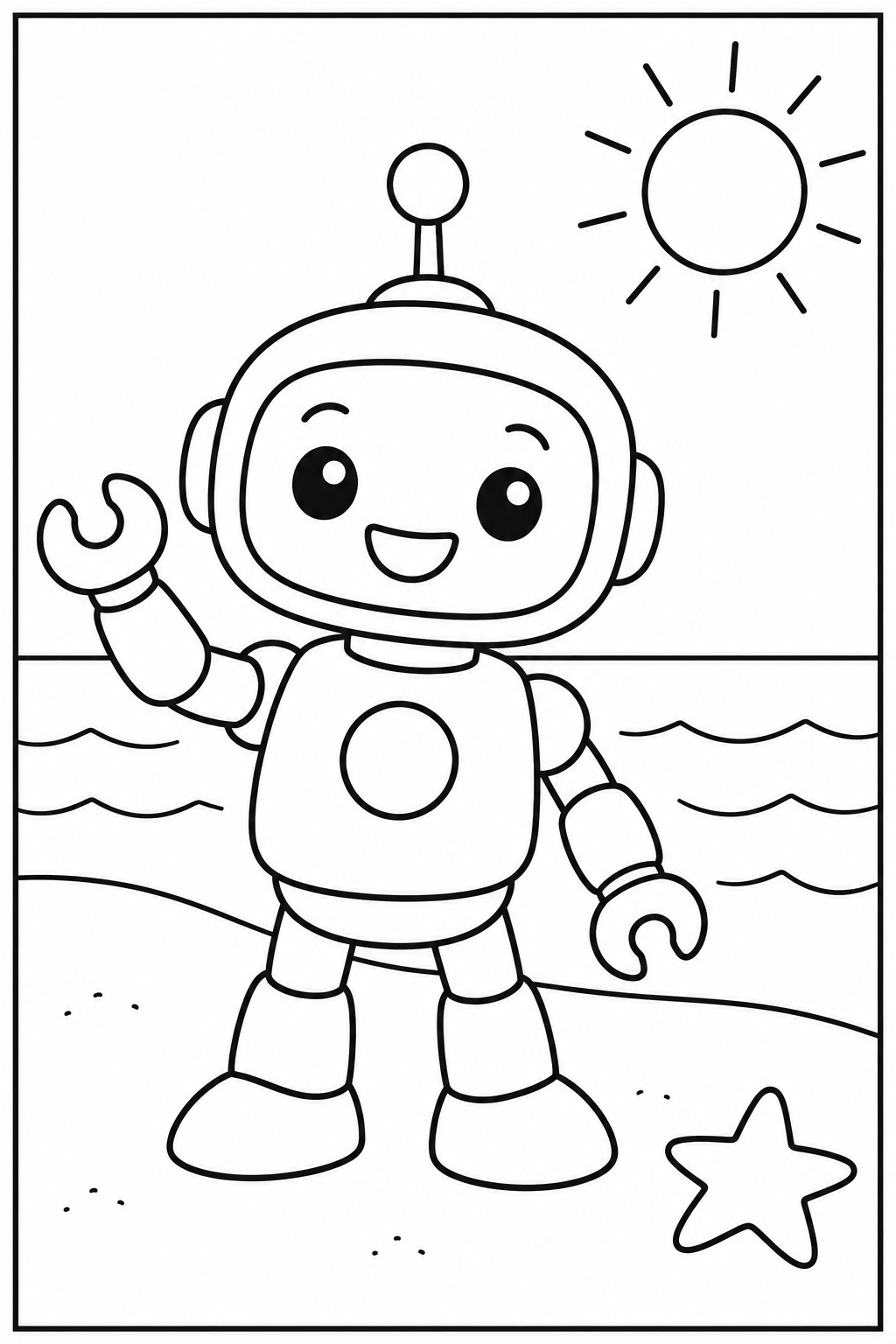 Robot — Op het strand — zwart-wit kleurplaat