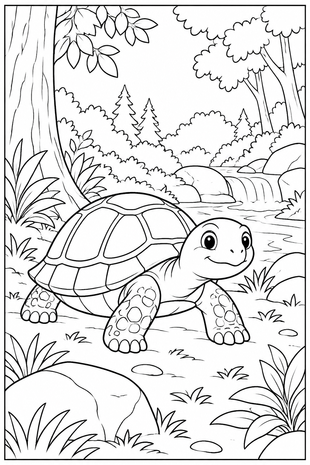 Schildpad — In het bos — zwart-wit kleurplaat