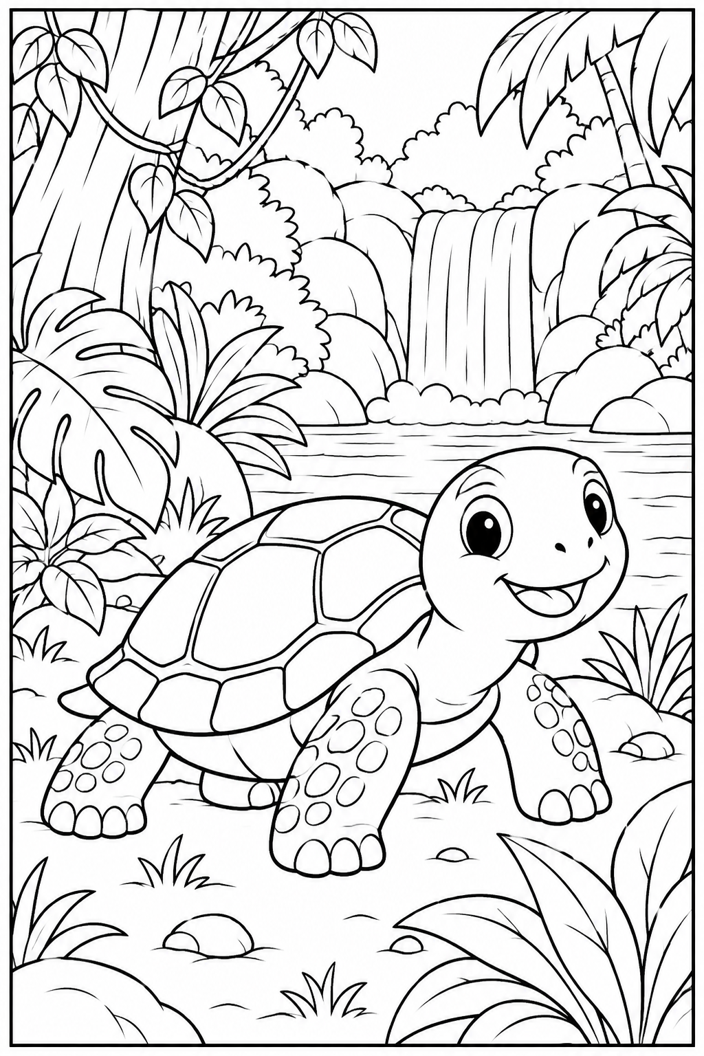 Schildpad — In de jungle — zwart-wit kleurplaat