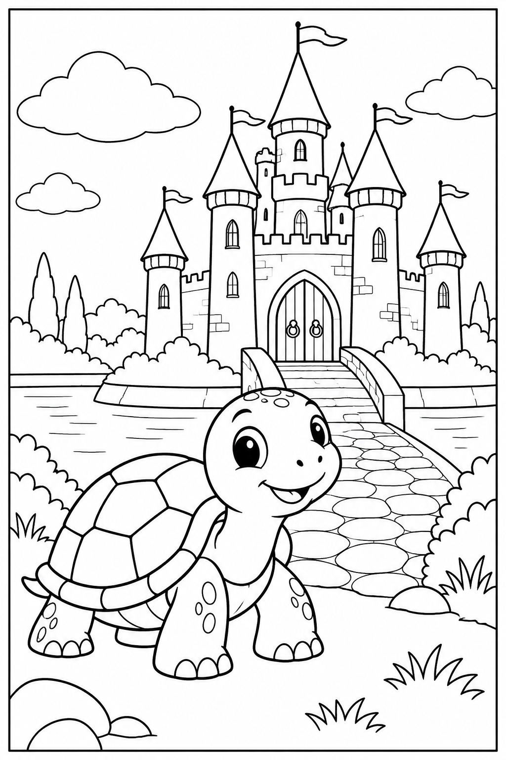 Schildpad — Bij een kasteel — zwart-wit kleurplaat