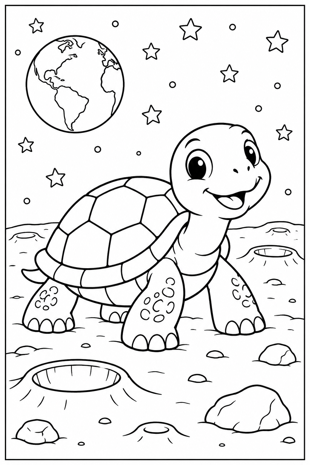 Schildpad — Op de maan — zwart-wit kleurplaat