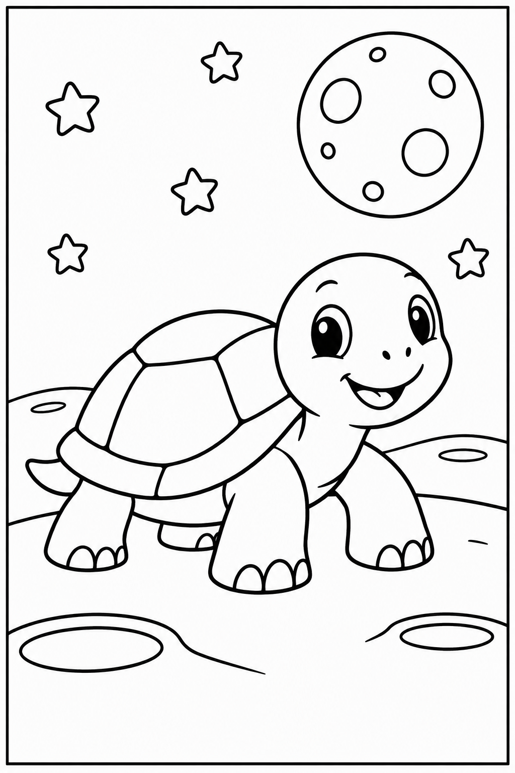 Schildpad — Op de maan — zwart-wit kleurplaat