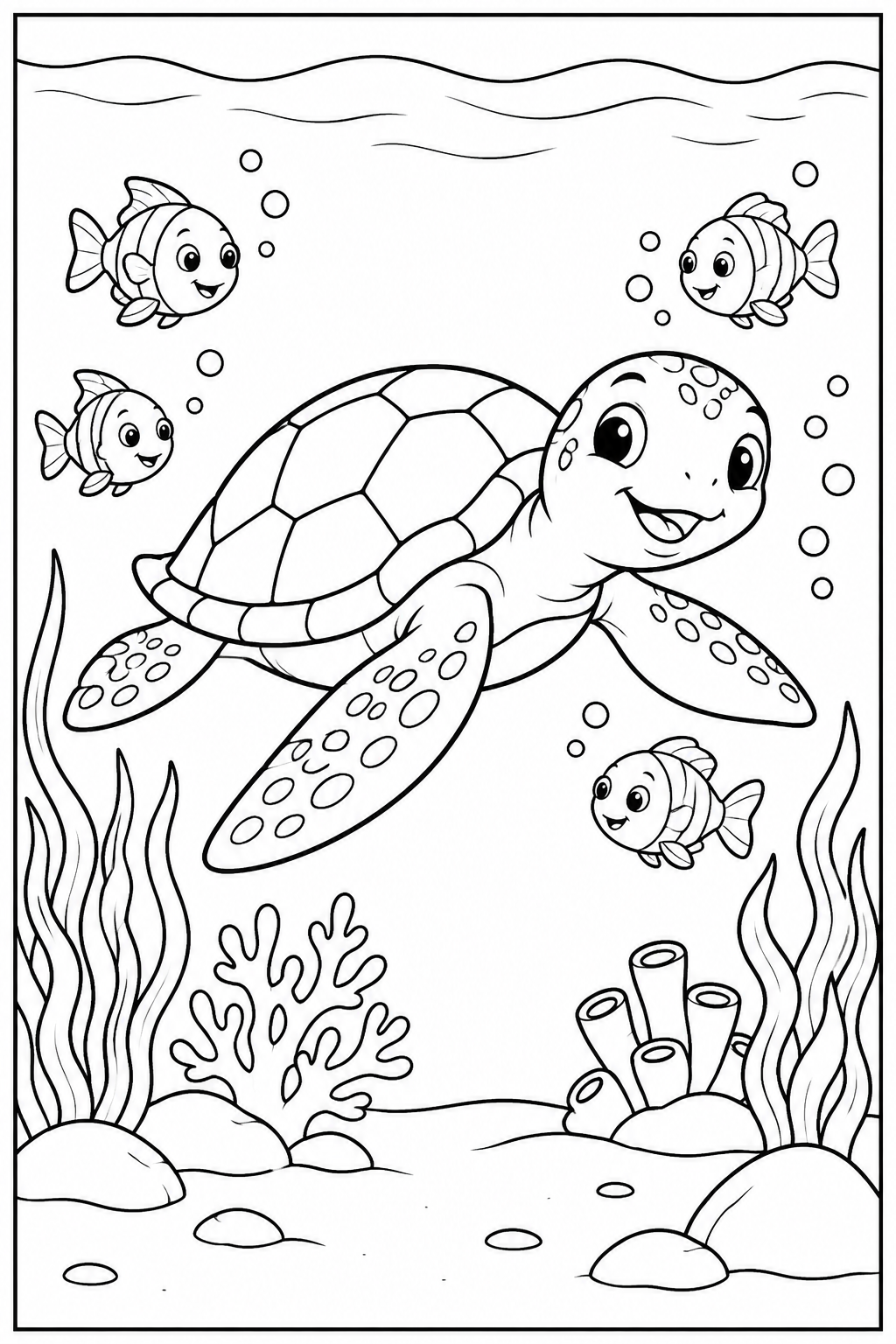 Schildpad — Onder water — zwart-wit kleurplaat