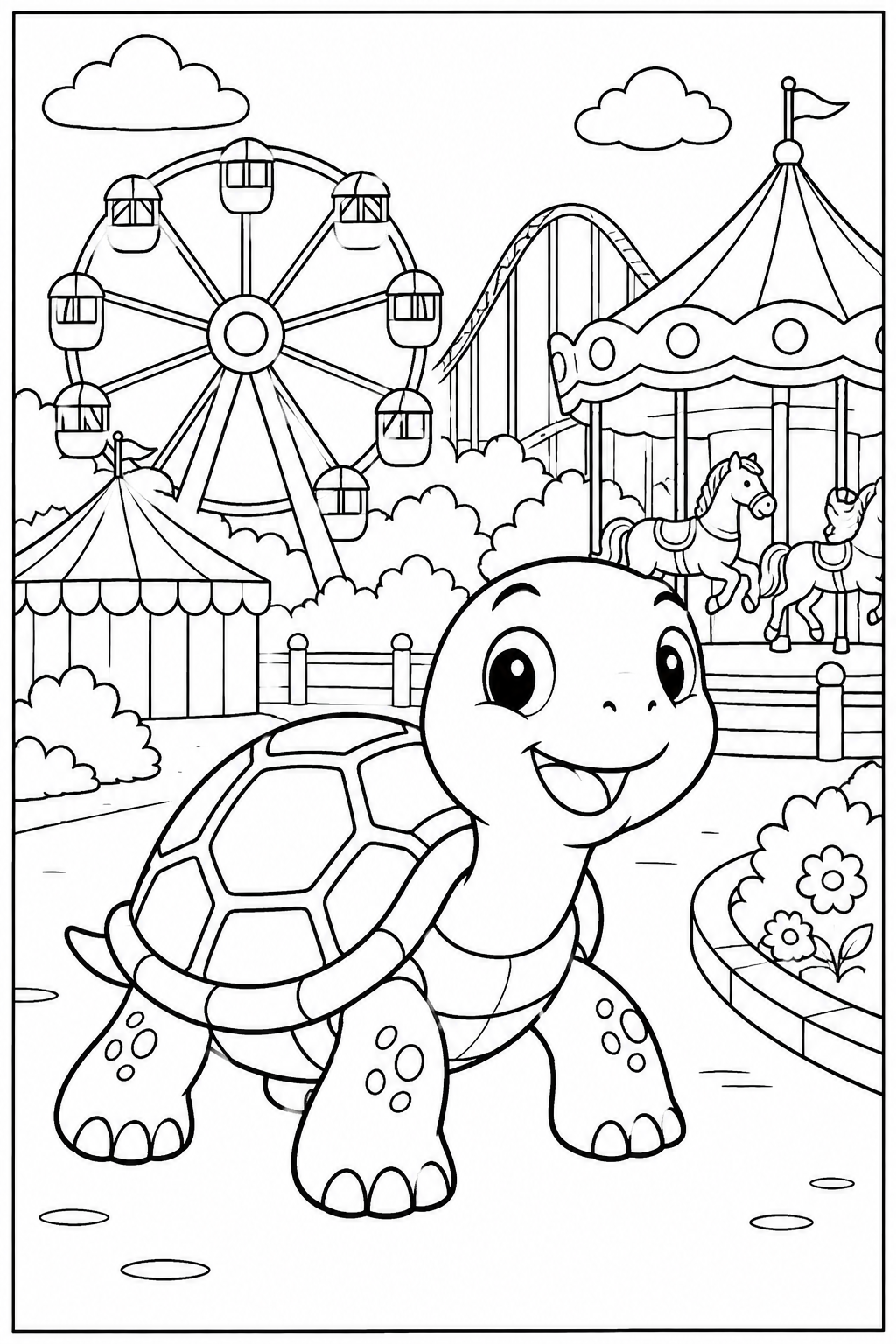 Schildpad — In het pretpark — zwart-wit kleurplaat