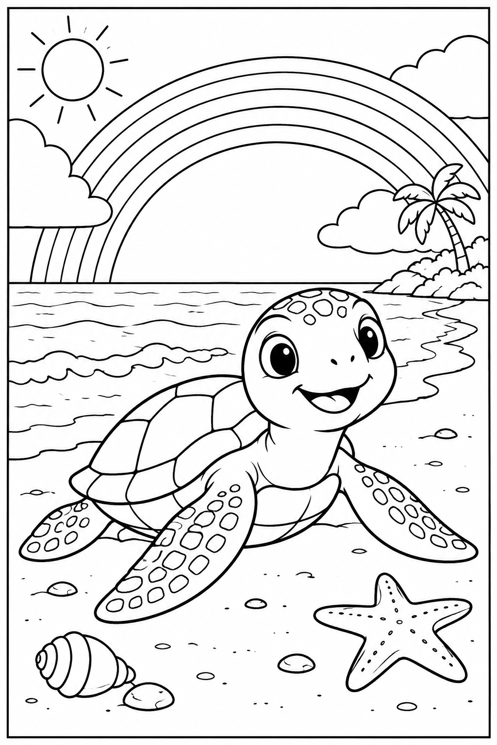 Schildpad — Bij de regenboog — zwart-wit kleurplaat