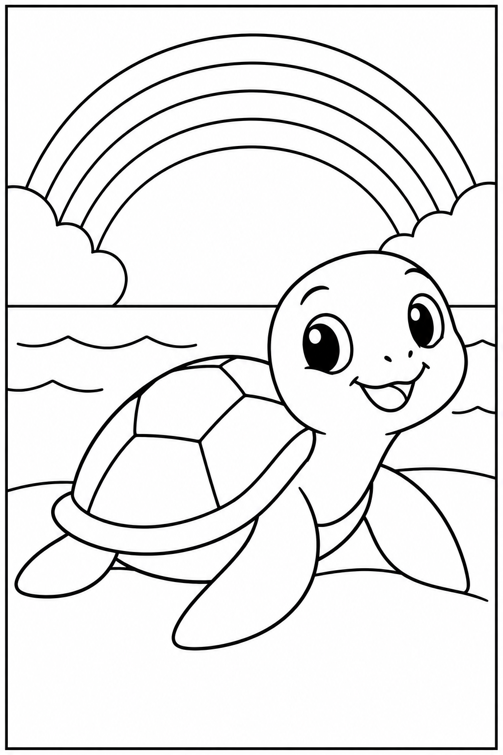 Schildpad — Bij de regenboog — zwart-wit kleurplaat