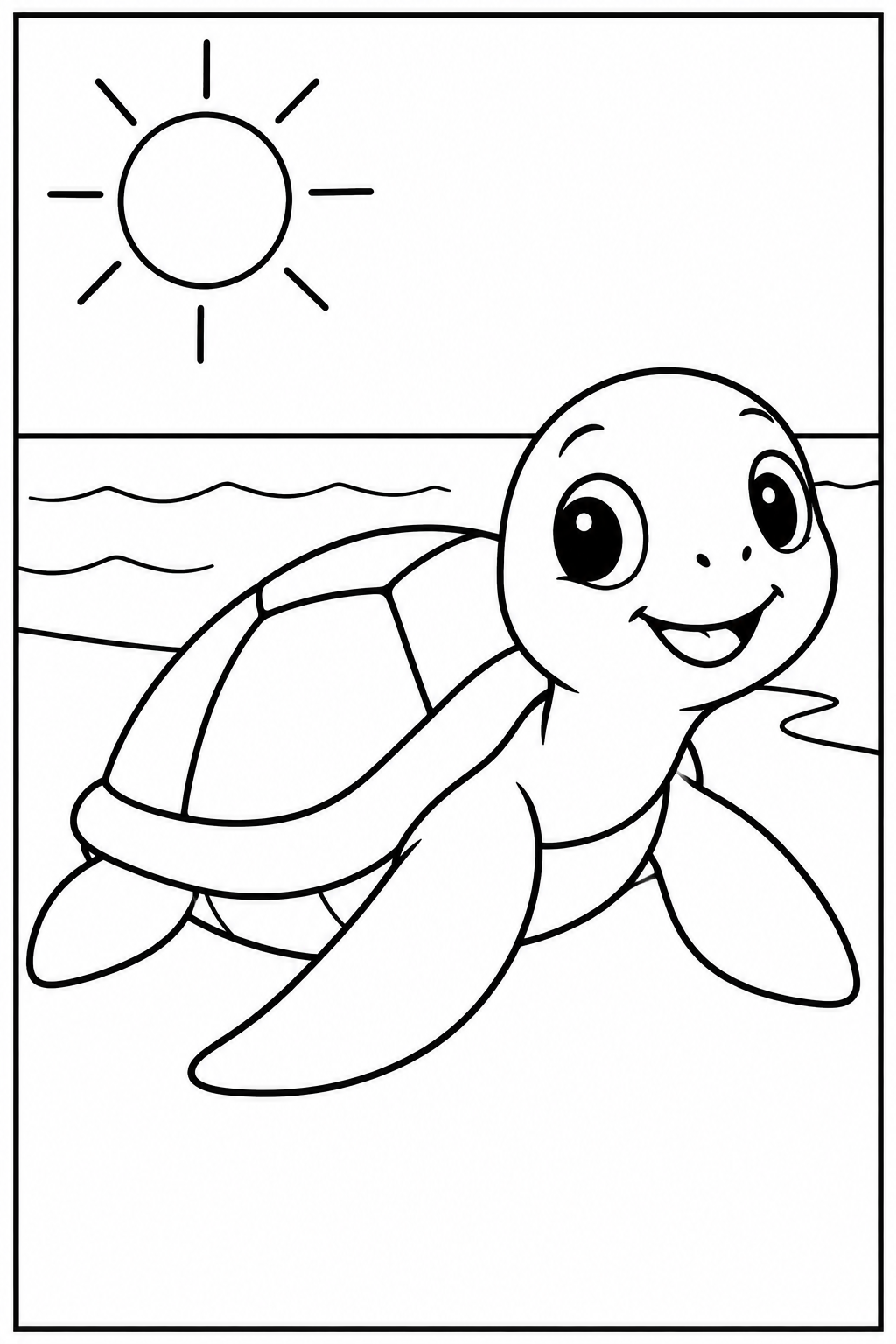 Schildpad — Op het strand — zwart-wit kleurplaat
