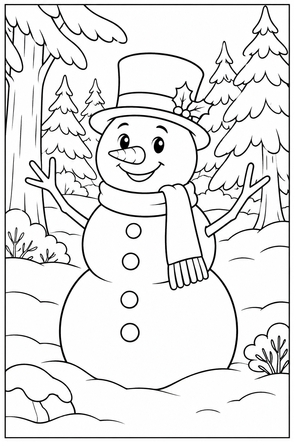 Sneeuwpop — In het bos — zwart-wit kleurplaat