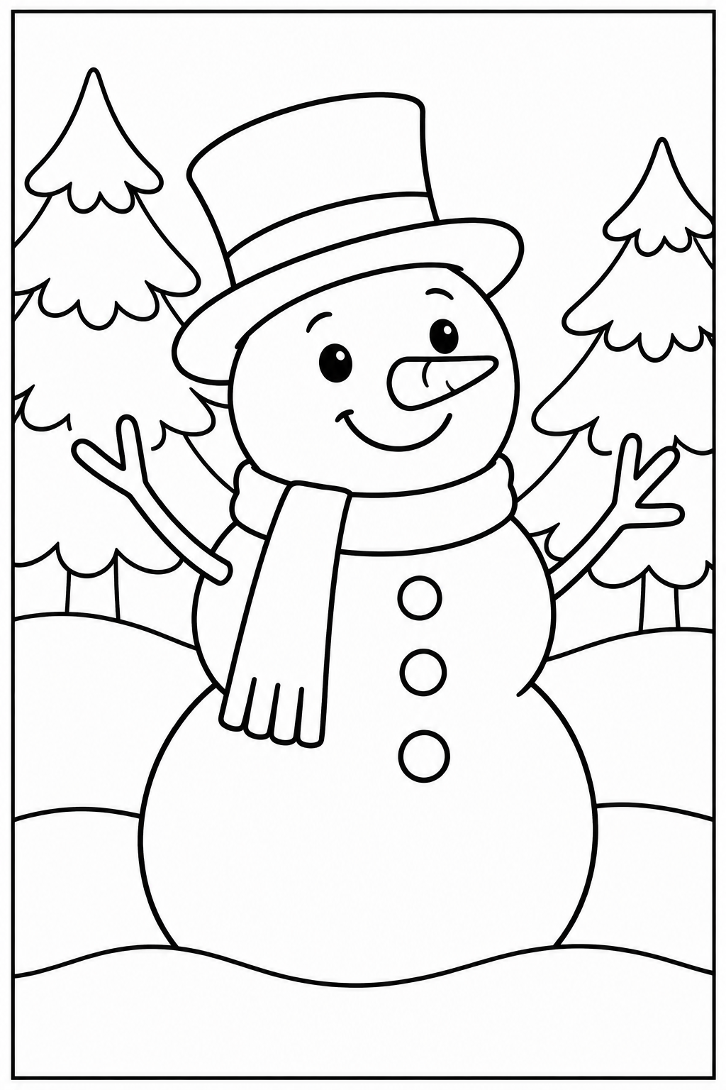 Sneeuwpop — In het bos — zwart-wit kleurplaat