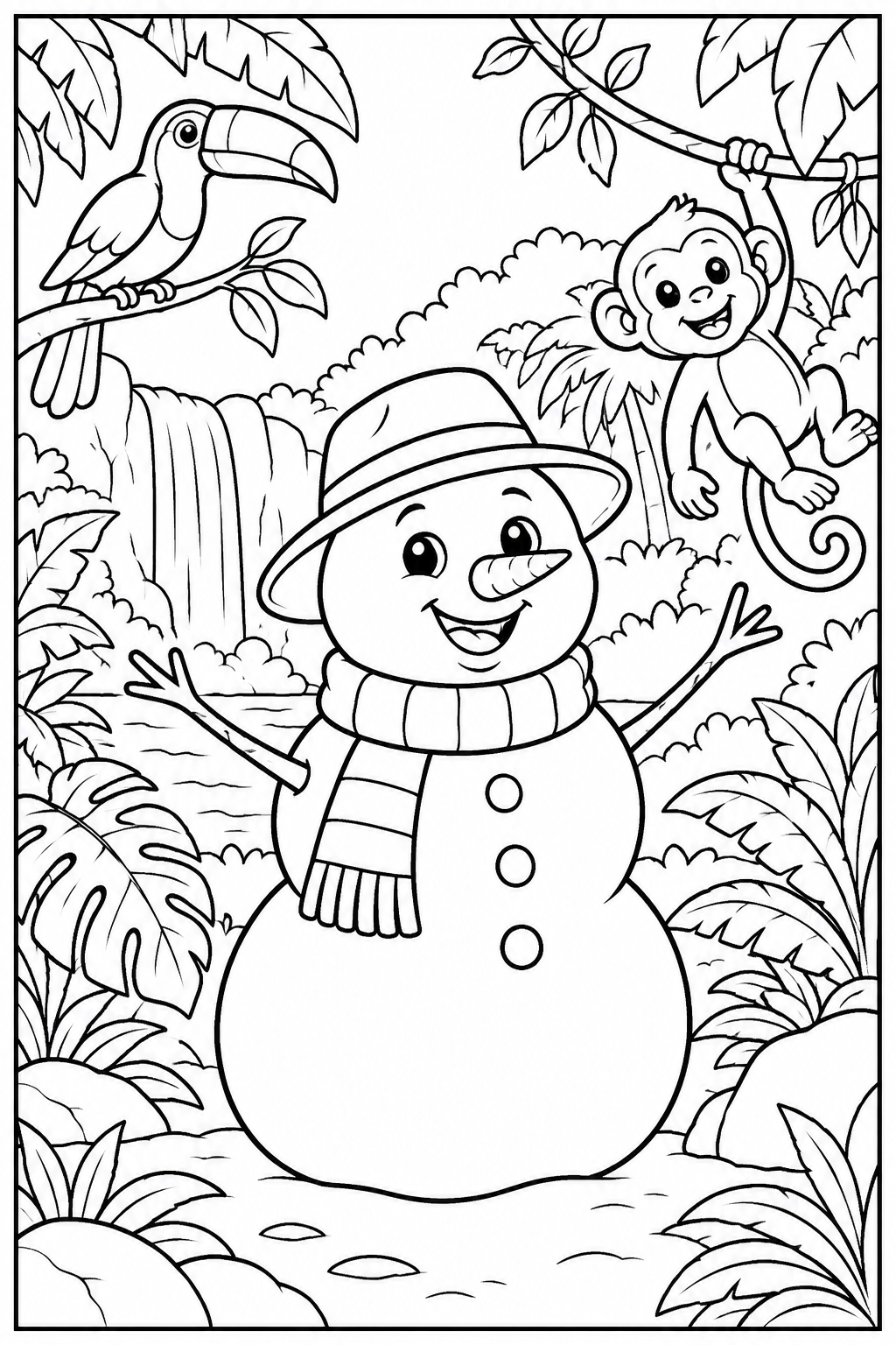 Sneeuwpop — In de jungle — zwart-wit kleurplaat