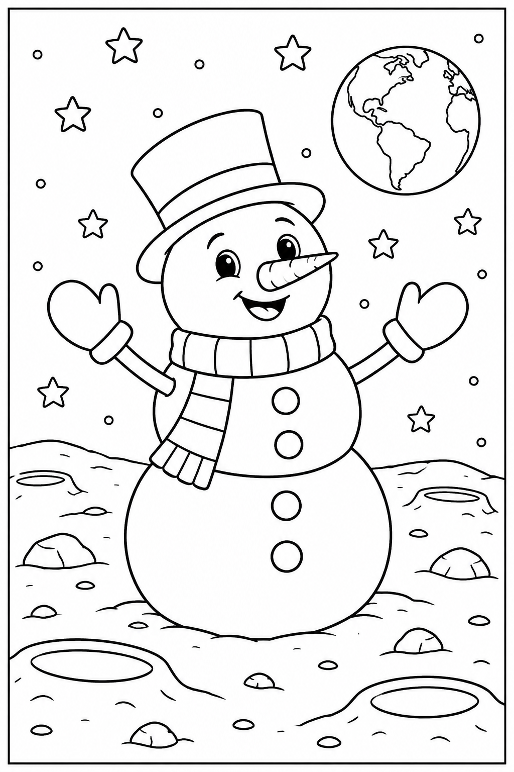 Sneeuwpop — Op de maan — zwart-wit kleurplaat