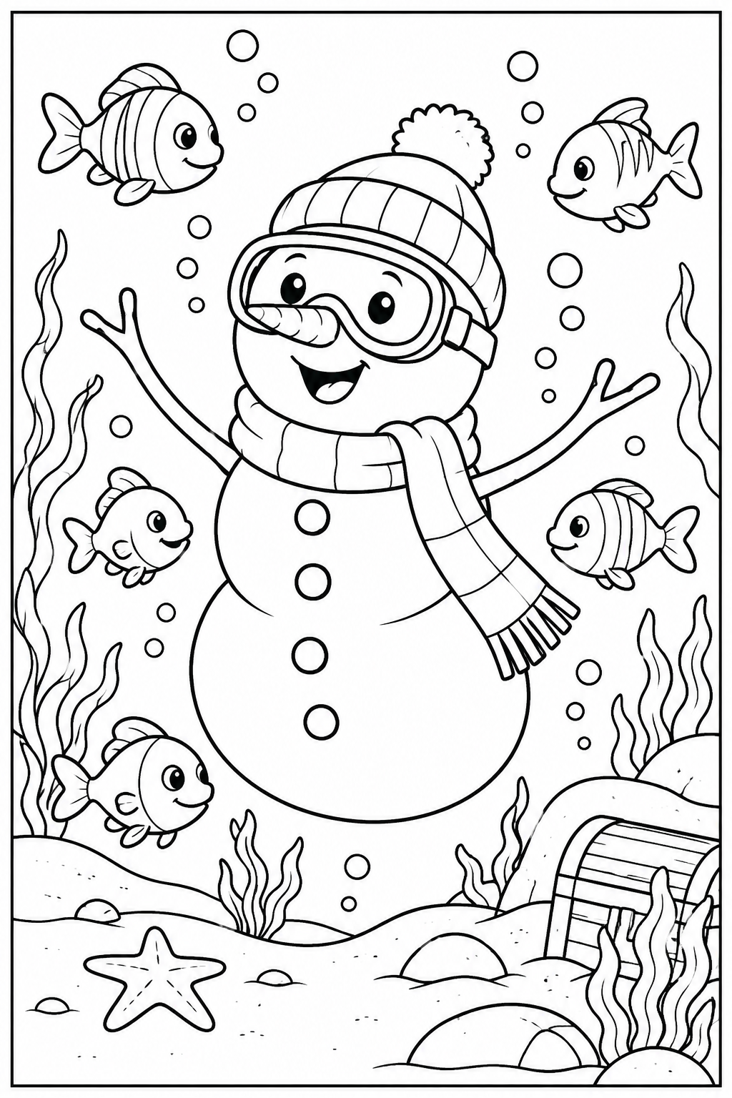 Sneeuwpop — Onder water — zwart-wit kleurplaat