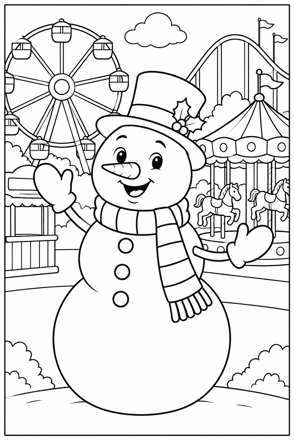 Sneeuwpop — In het pretpark — zwart-wit kleurplaat