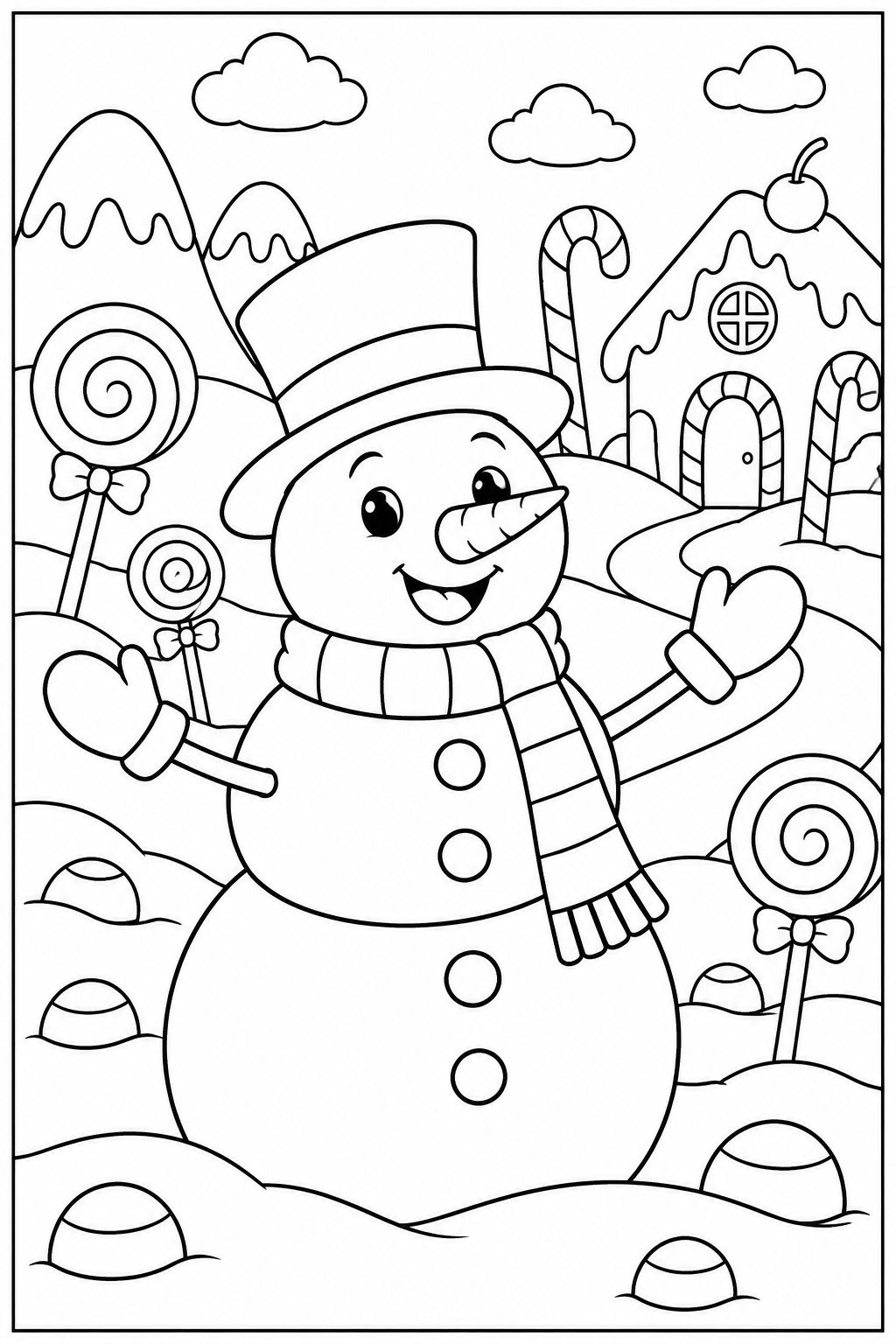 Sneeuwpop — Snoepjesland — zwart-wit kleurplaat