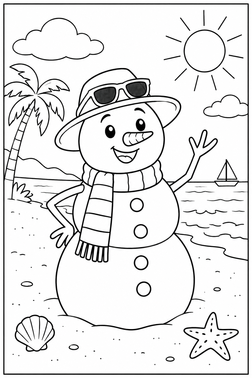 Sneeuwpop — Op het strand — zwart-wit kleurplaat